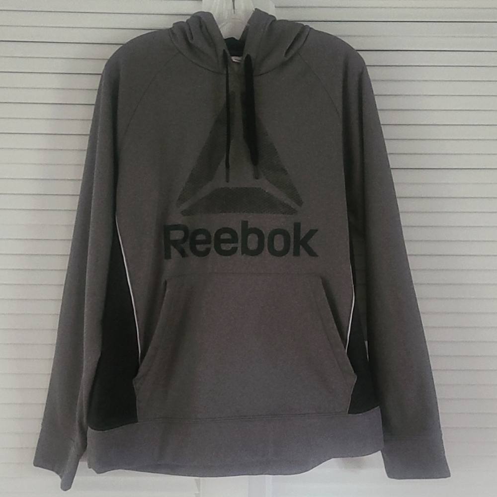 Reebok Hooded Pullover Sweatshirt Sz L Gray & Black w/Delta Logo.  EUC